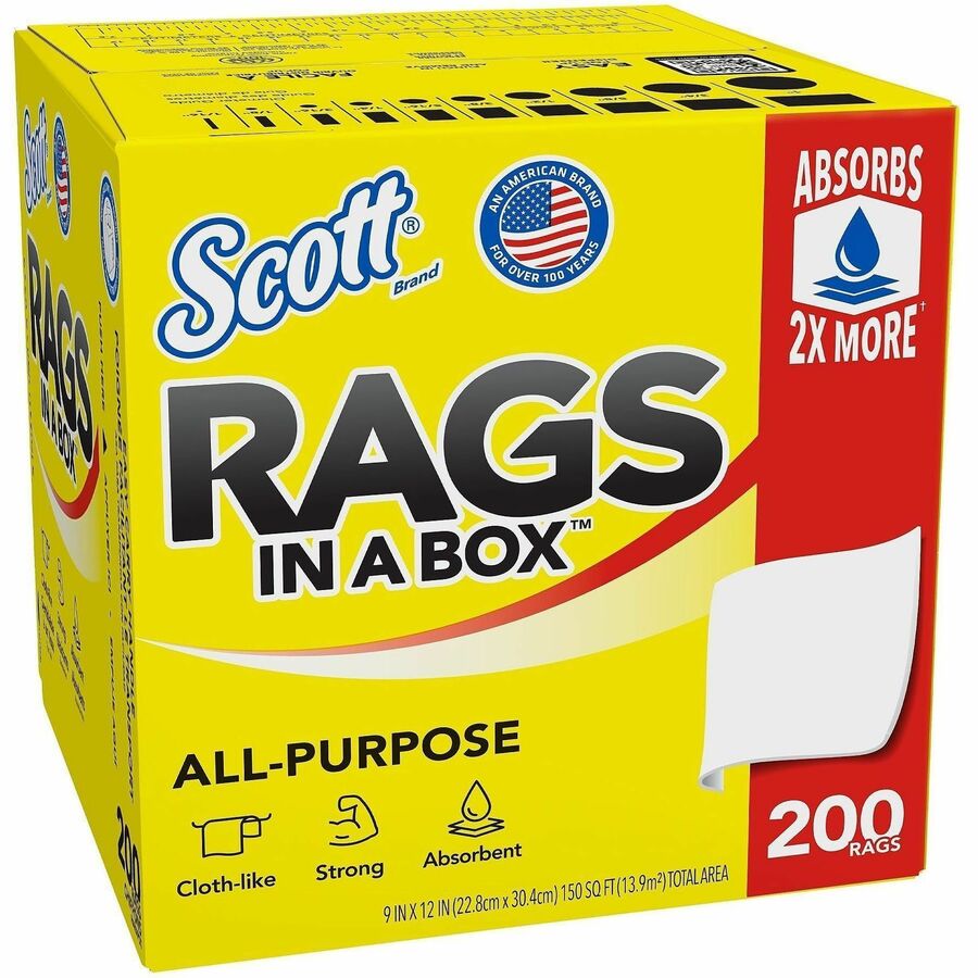 Scott Rags In A Box™, - 12" Length x 9" Width - Soft, Strong, Lint-free, Absorbent - White - 1 Box