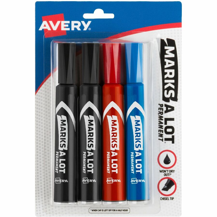 Avery®, Marks A Lot Permanent Markers, Regular Desk-Style, Asstd, 4/PK - Black, Blue, Red Ink - Black, Blue, Red Barrel - Plastic, Metal, Classroom, Office, Warehouse - 4 / Pack
