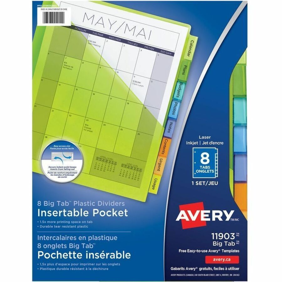 Avery Big Tab Insertable Plastic Dividers with Pockets - 8 x Divider(s) - 8 Tab(s) - 8 - 8 Tab(s)/Set - 9.3" Divider Width x 11.12" Divider Length - 3 Hole Punched - Translucent Plastic, Multicolor Divider - Multicolor Plastic Tab(s) - Durable, Inserta...