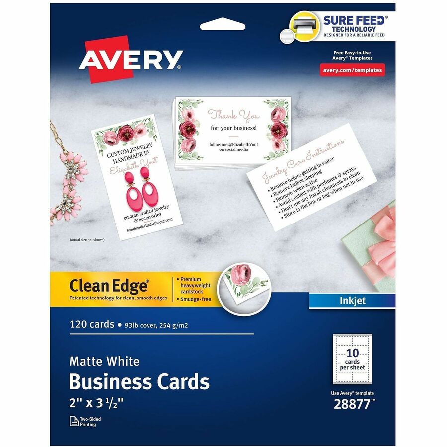 Avery®, Clean Edge Business Cards, 2" x 3.5" , White, 120 (28877) - 110 Brightness - A8 - 2" x 3 1/2" - 93 lb Basis Weight - 254 g/m², Grammage - Matte - Rounded Corner, Smooth Edge, Unperforated, Avery Clean Edge Technology, Printable, Double-s...
