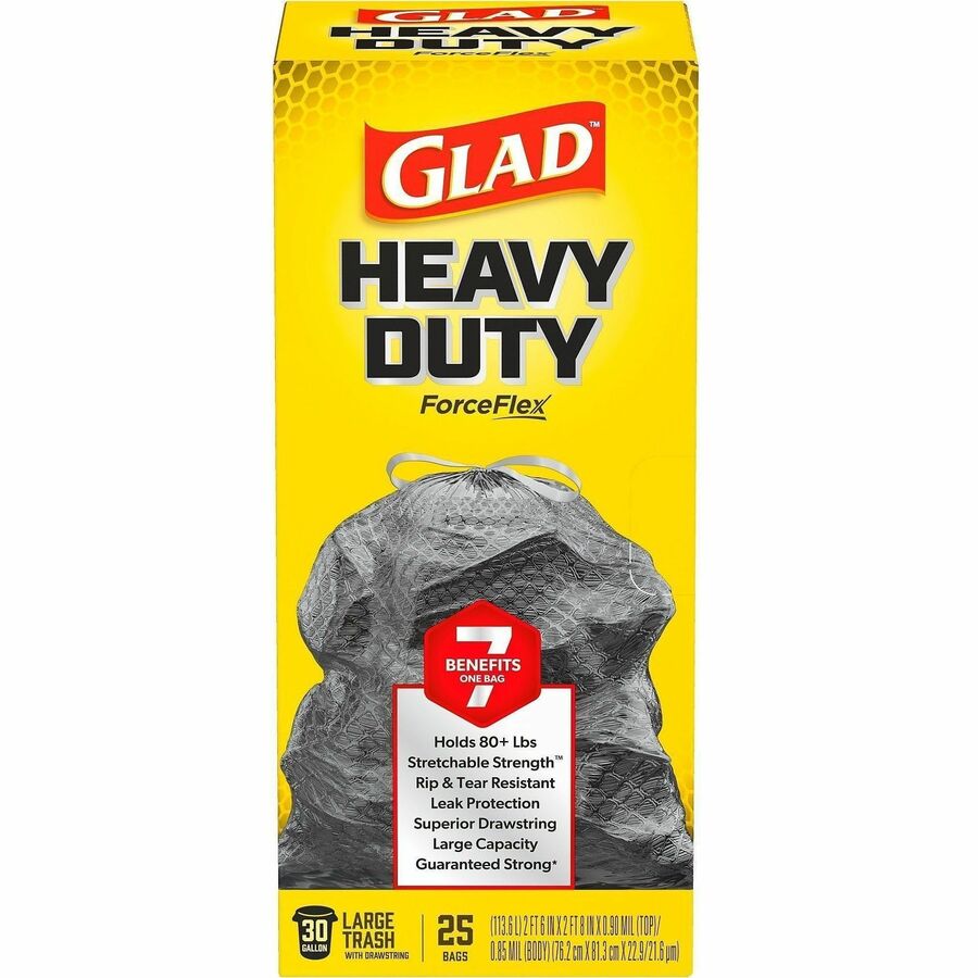 Glad ForceFlex Heavy-Duty Large Drawstring Trash Bags - Large Size - 30 gal Capacity - 24.88" Length x 24.02" Width - Drawstring Closure - Black - Home, Office, Can - 25/Box - 1 Each