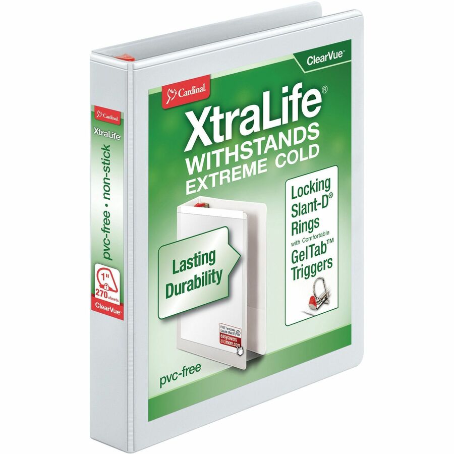 Cardinal®, Xtralife ClearVue Locking Slant-D Binder - 1" Binder Capacity - Letter - 8 1/2" x 11" Sheet Size - 270 Sheet Capacity - 1" Spine Width - 3 Ring - Fastener: D-Ring - Pocket: 2, Inside Front & Back - Polyolefin - White - 14.40 oz - Hinged...