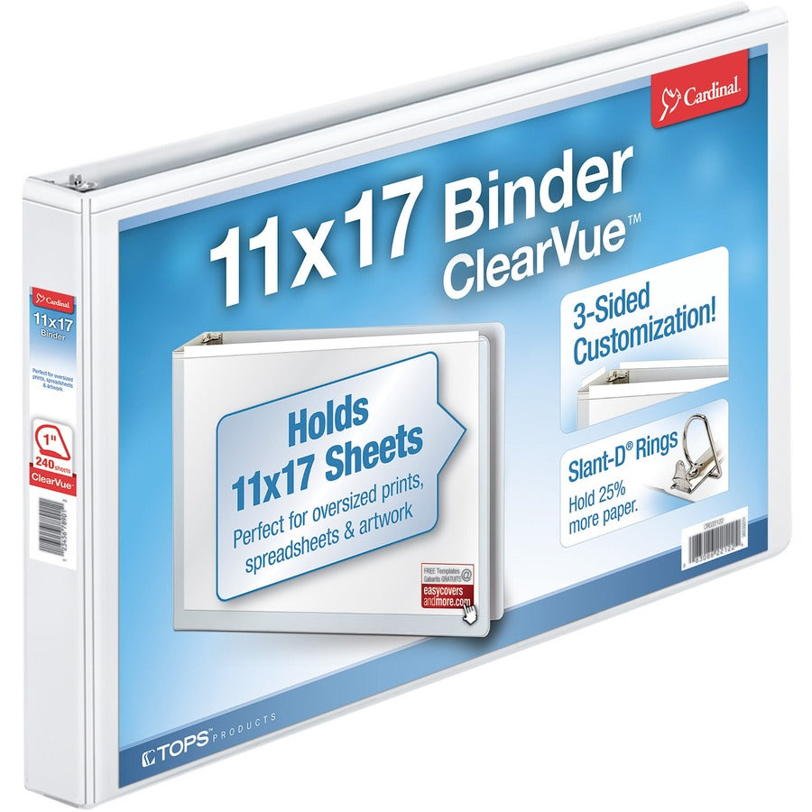 Cardinal®, ClearVue Overlay Tabloid D-Ring Binder - 1" Binder Capacity - Tabloid - 11" x 17" Sheet Size - 240 Sheet Capacity - 1" Spine Width - 3 Ring - Fastener: D-Ring - Vinyl - White - 2.34 lb - Recycled - Hinged, Clear Overlay, Non Locking Mecha...