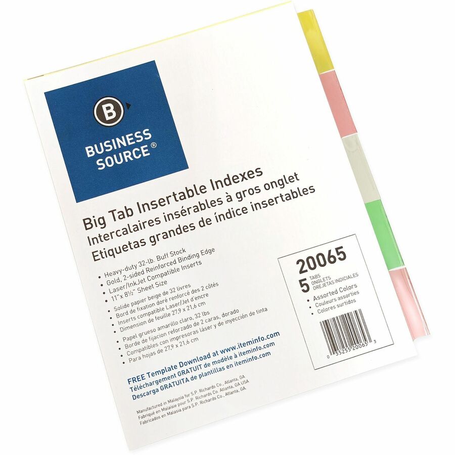 Business Source Reinforced Insertable Tab Indexes - 5 Tab(s) - 2" Tab Width - 8.5" Divider Width x 11" Divider Length - Letter - 3 Hole Punched - Buff Divider - Manila Tab(s) - Mylar Reinforcement, Insertable, Reinforced Edges, Punched, Tear Resistant...