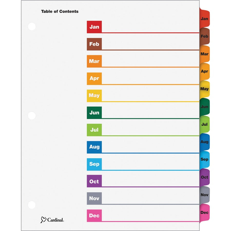 Cardinal®, OneStep Monthly Index System - 12 x Divider(s) - Printed Tab(s) - Month - Jan-Dec - 12 Tab(s)/Set - 9" Divider Width x 11" Divider Length - Letter - 8.50" Width x 11" Length - 3 Hole Punched - White Divider - Multicolor Tab(s) - Reinforce...
