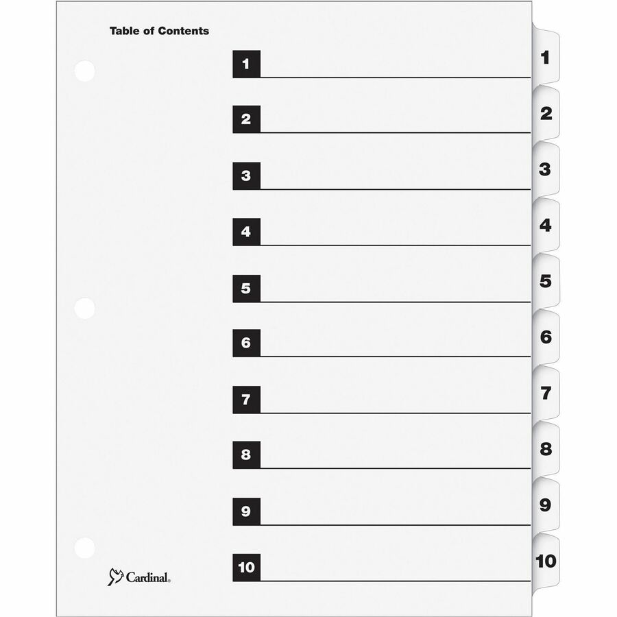 Cardinal®, OneStep Numbered Index System - 10 x Divider(s) - Printed Tab(s) - Digit - 1-10 - 10 Tab(s)/Set - 9" Divider Width x 11" Divider Length - Letter - 8.50" Width x 11" Length - 3 Hole Punched - White Divider - White Tab(s) - Reinforced Tab...