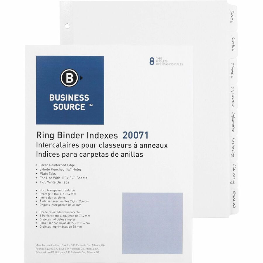 Business Source 3-Ring Plain Tab Indexes - 8 Write-on Tab(s) - 8 Tab(s)/Set - 1.25" Tab Width - 8.5" Divider Width x 11" Divider Length - Letter - 3 Hole Punched - White Divider - 100% Recycled - Punched, Mylar Reinforced Edge - 1 Box