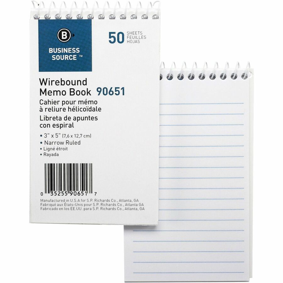 Business Source Wirebound Memo Books - 50 Sheet(s) - Wire Bound - 5" x 3" Sheet Size - White - White Sheet(s) - 12 / Dozen