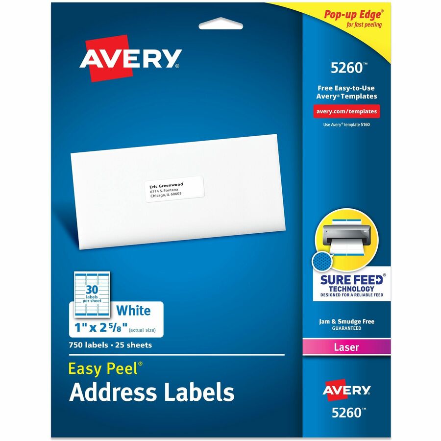 Avery®, Easy Peel Address Labels - 1" Width x 2 5/8" Length - Permanent Adhesive - Rectangle - Laser - Matte - White - Paper - 30 / Sheet - 25 Total Sheets - 750 Total Label(s) - 750 / Pack