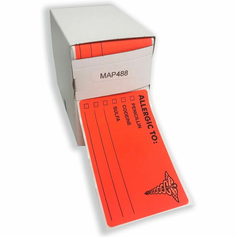 Tabbies ALLERGIC TO Medical Allergy Label - 4" Width x 2" Length - Permanent Adhesive - Rectangle - Fluorescent Red - 100 / Roll - 100 / Roll