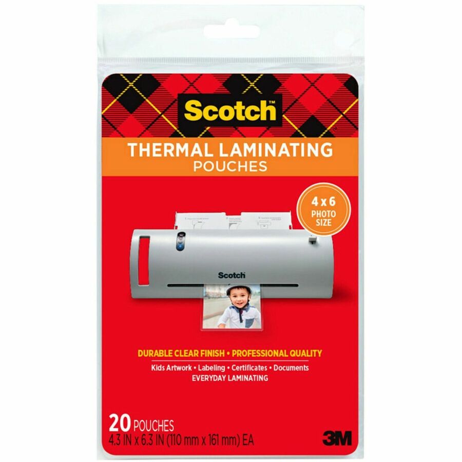 Scotch Thermal Laminating Pouches - Sheet Size Supported: 4" Width x 6" Length - Laminating Pouch/Sheet Size: 4.30" Width x 6.30" Length x 5 mil Thickness - Glossy - for Photo, Document, Lists, Card, Recipe, Artwork - Photo-safe, Double Sided - Clear...