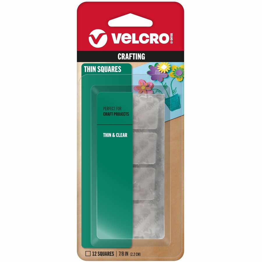 VELCRO®, Thin Clear Fasteners 7/8in Squares Clear 12 ct - Clear - Water Resistant - For Indoor, Outdoor, Card, Crafting, Scrapbooking, Project, Glass, Plastic, Classroom, Office, Home, ... Carton - 12 / Pack