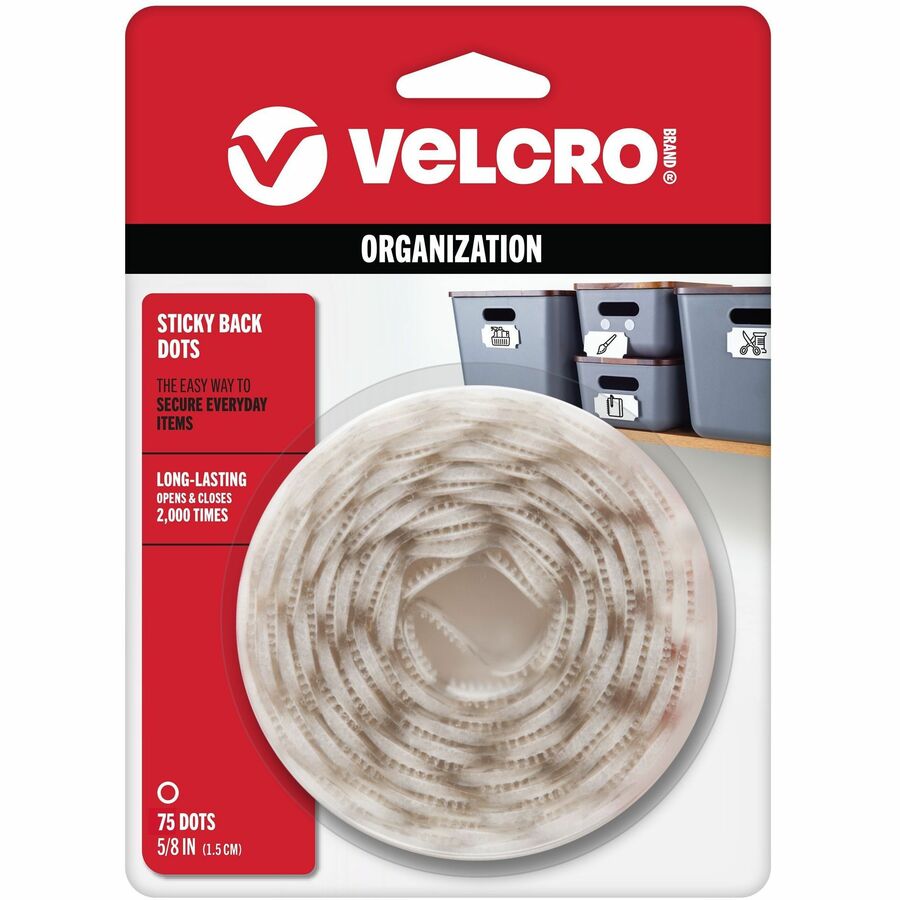 VELCRO®, Sticky Back 5/8in Circles White 75 Ct - 0.59" Length x 0.59" Width x 0.63" Diameter - White - Adhesive Backing - Dispenser Included - For Glass, Metal, Plastic, Wood, Tile, Indoor, Smooth Surface, Outdoor, Home, School, Office - 75 / Pack