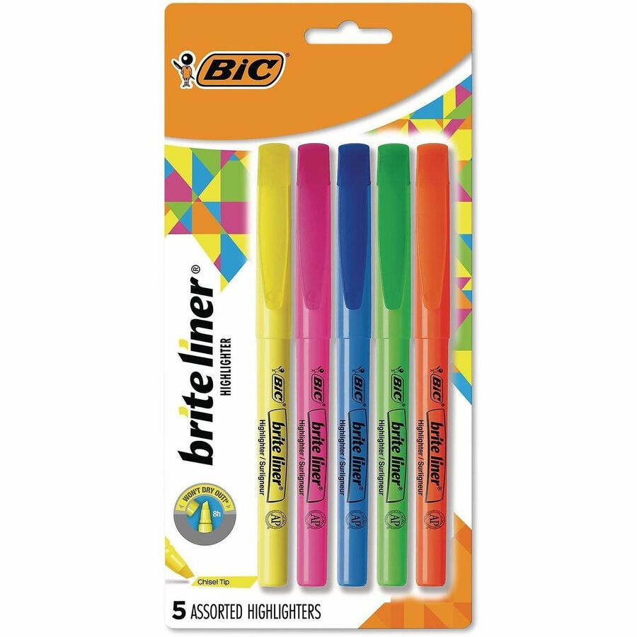 BIC Brite Liner - Fluorescent Blue, Fluorescent Green, Fluorescent Orange, Fluorescent Pink, Fluorescent Yellow Ink - Water Based - 5 / Set