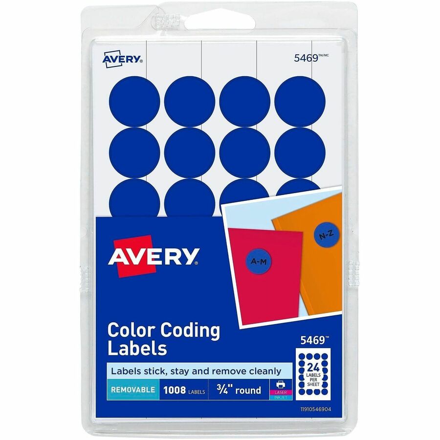 Avery®, 3/4" Round Removable Color Coding Labels - 4" Height x 6" Width x 3/4" Diameter - Removable Adhesive - Round - Laser, Inkjet - Matte - Dark Blue - Paper - 24 / Sheet - 42 Total Sheets - 1008 Total Label(s) - 1008 / Pack