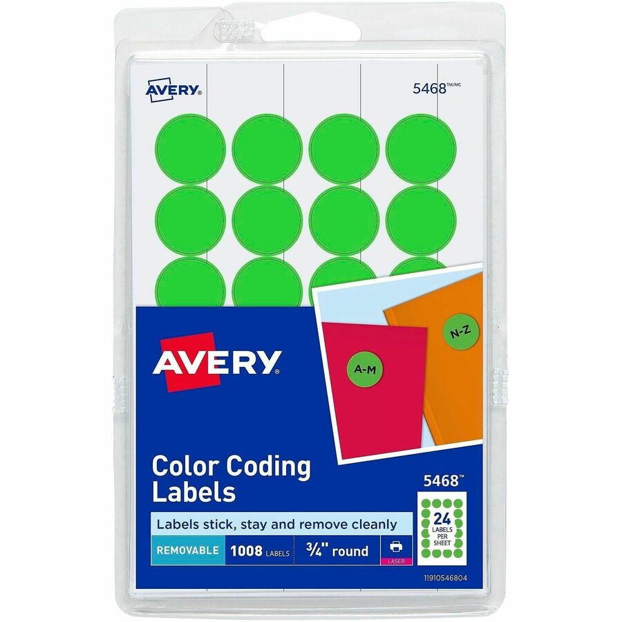 Avery®, Removable Color-Coding Labels - 3/4" Diameter - Removable Adhesive - Round - Laser - Matte - Neon Green - Paper - 24 / Sheet - 42 Total Sheets - 1008 Total Label(s) - 1008 / Pack