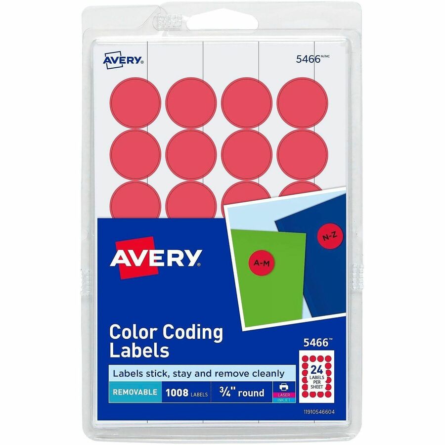 Avery®, Color-Coding Labels - 3/4" Diameter - Removable Adhesive - Round - Laser, Inkjet - Matte - Red - Paper - 24 / Sheet - 42 Total Sheets - 1008 Total Label(s) - 1008 / Pack
