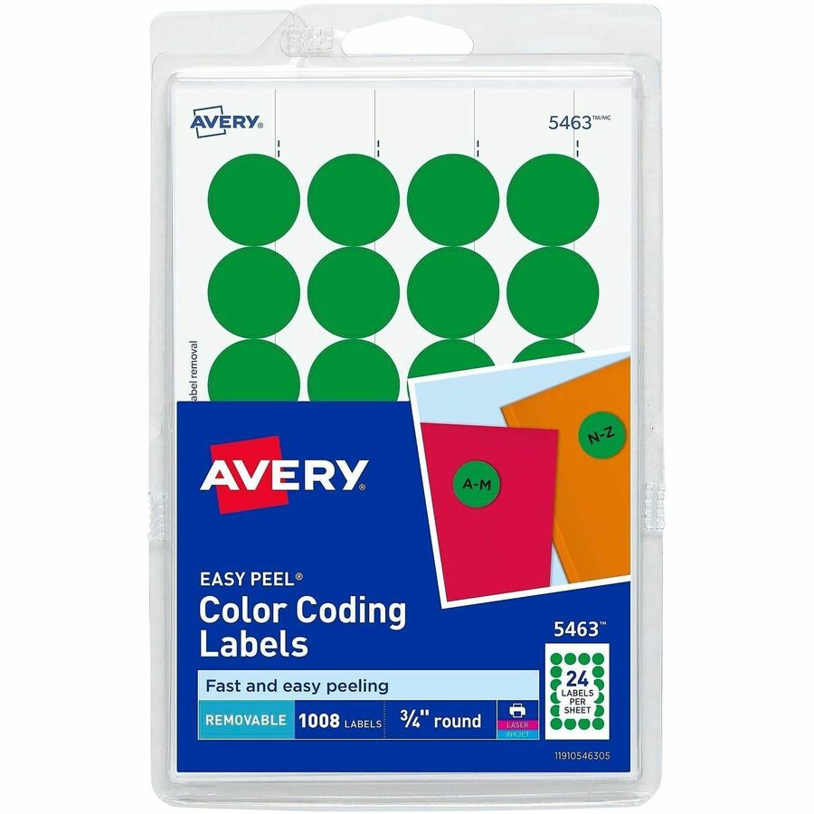 Avery®, Color-Coding Labels - 3/4" Diameter - Removable Adhesive - Round - Laser, Inkjet - Matte - Green - Paper - 24 / Sheet - 42 Total Sheets - 1008 Total Label(s) - 1008 / Pack
