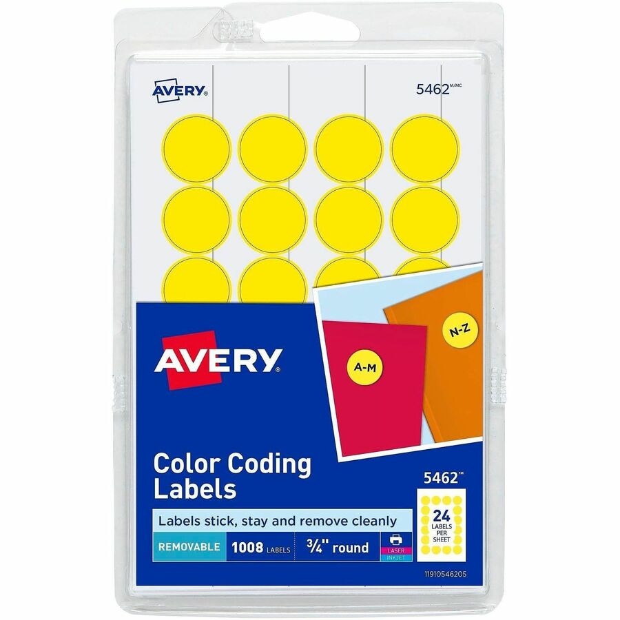 Avery®, 3/4" Round Removable Color Coding Labels - 3/4" Diameter - Removable Adhesive - Round - Laser, Inkjet - Matte - Yellow - Paper - 24 / Sheet - 42 Total Sheets - 1008 Total Label(s) - 1008 / Pack