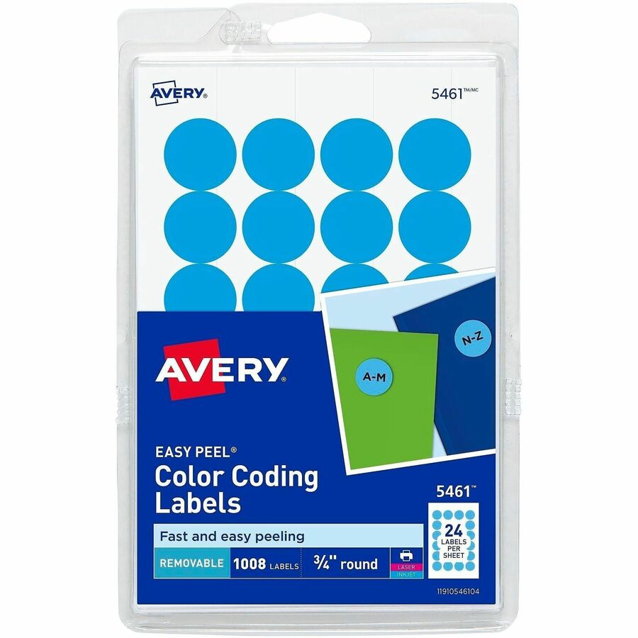 Avery®, Removable Color-Coding Labels, 3/4" Diameter, 1,008 Labels (5461) - 3/4" Diameter - Removable Adhesive - Round - Laser, Inkjet - Matte - Light Blue - Paper - 24 / Sheet - 42 Total Sheets - 1008 Total Label(s) - 1008 / Pack