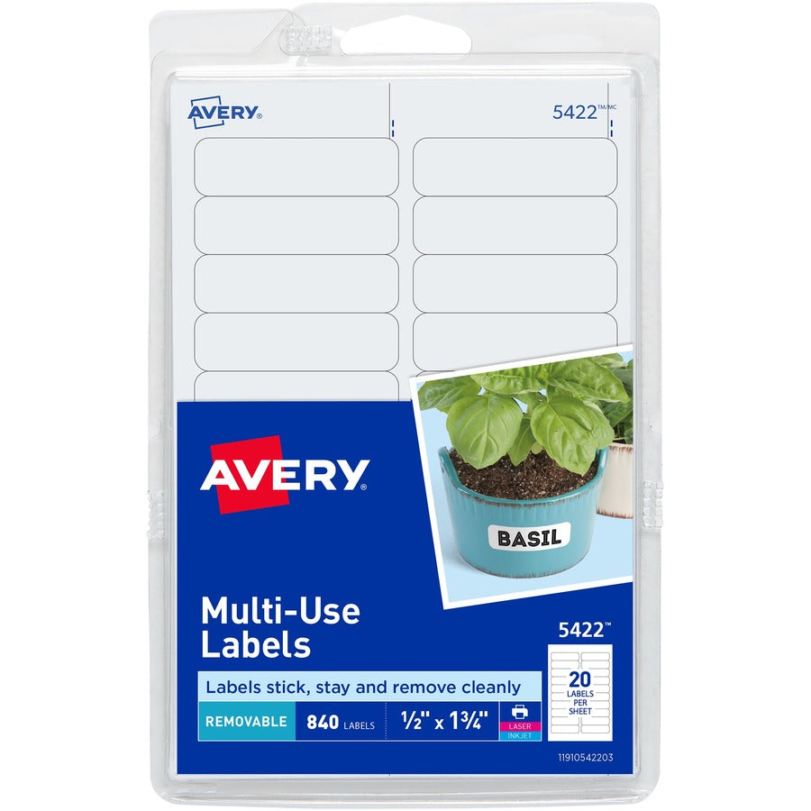 Avery®, Removable Labels, Removable Adhesive, 1/2" x 1-3/4" , 840 Labels (5422) - 1/2" Height x 1 3/4" Width - Removable Adhesive - Rectangle - Laser, Inkjet - White - Paper - 20 / Sheet - 42 Total Sheets - 840 Total Label(s) - 840 / Pack