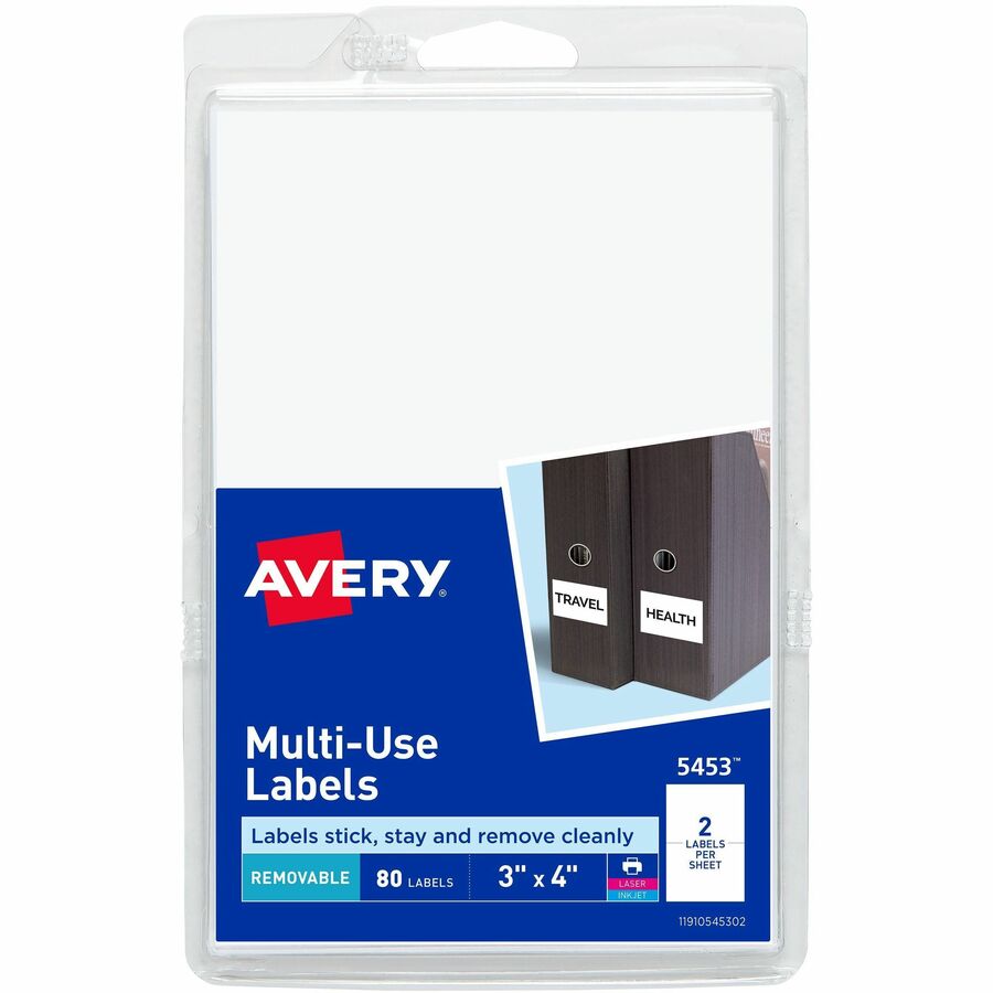 Avery®, Removable Multi-Use ID Labels on Printable 4" x 6" Sheets - 3" Height x 4" Width - Removable Adhesive - Rectangle - Laser, Inkjet - White - Paper - 2 / Sheet - 40 Total Sheets - 80 Total Label(s) - 80 / Pack