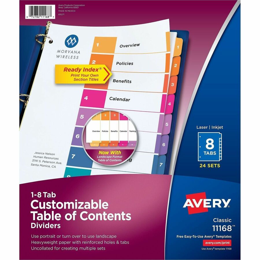 Avery Dividers, 8 Tabs, Ready Index (24 Sets of 11168) - 192 x Divider(s) - 192 Tab(s) - Digit - 1-8, Table of Contents - 8 Tab(s)/Set - 8.5" Divider Width x 11" Divider Length - 3 Hole Punched - White Paper Divider - Multicolor Paper Tab(s) - 20% Recy...