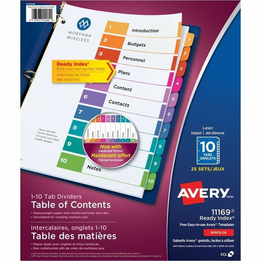 Avery Ready Index Table of Content Dividers - 250 x Divider(s) - 10 Printed Tab(s) - 1-10 - 10 Tab(s)/Set - 8.5" Divider Width x 11" Divider Length - 3 Hole Punched - White Paper Divider - Multicolor Paper Tab(s) - 0% - Pre-printed, Heavyweight, Reinfo...