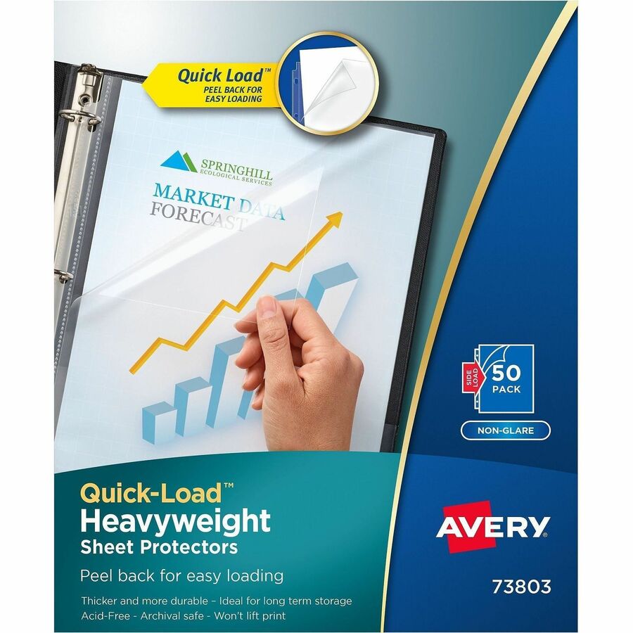 Avery®, Quick Load Nonglare Sheet Protectors, Acid-Free, Archival Safe, 50 Protectors - For Letter 8 1/2" x 11" Sheet - 3 x Holes - Ring Binder - Top Loading - Clear - Polypropylene, Plastic - 1 Box