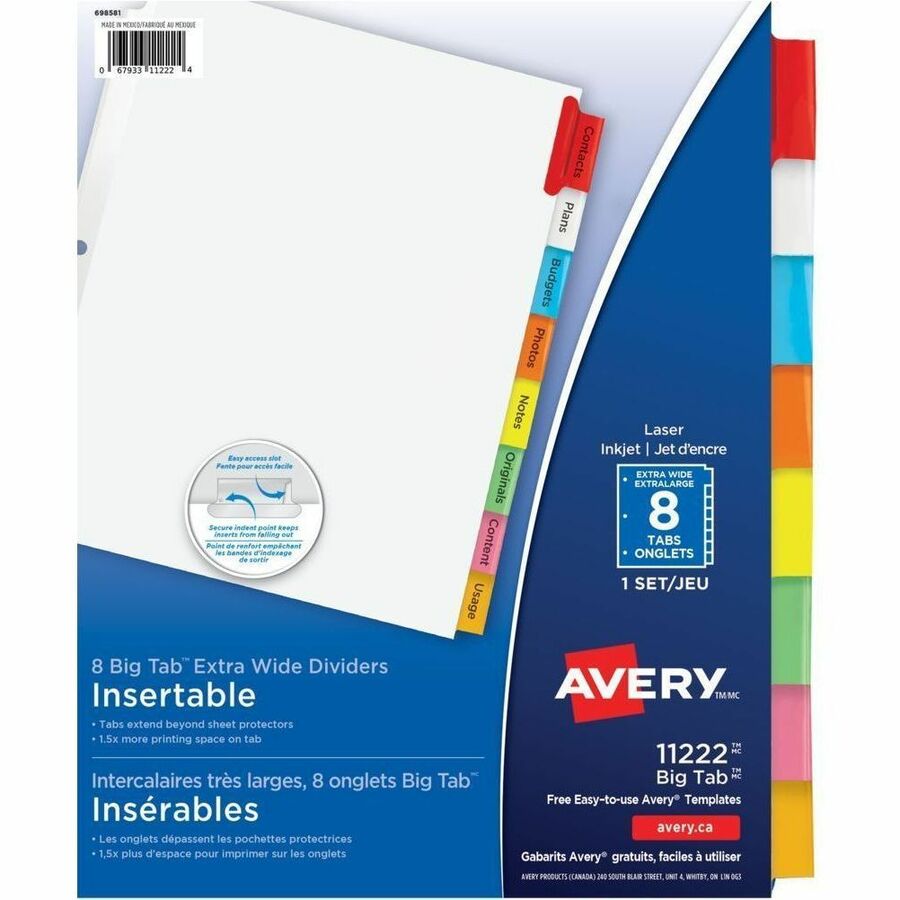 Avery Big Tab Insertable Extra Wide Dividers - 8 x Divider(s) - 8 Tab(s) - 8 - 8 Tab(s)/Set - 9.3" Divider Width x 11.12" Divider Length - 3 Hole Punched - White Paper Divider - Multicolor Paper Tab(s) - 20% - Insertable Tab, Extra Wide Divider, Custom...