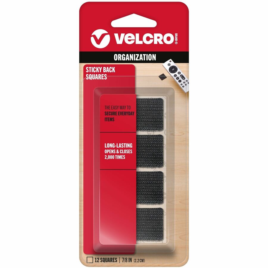 VELCRO®, Sticky Back 7/8in Squares Black 12 Ct - 0.87" Length x 0.87" Width - Black - For Wall, Glass, Tile, Plastic, Metal, Indoor, Outdoor, Home, Office, School, Smooth Surface - 1 Pack