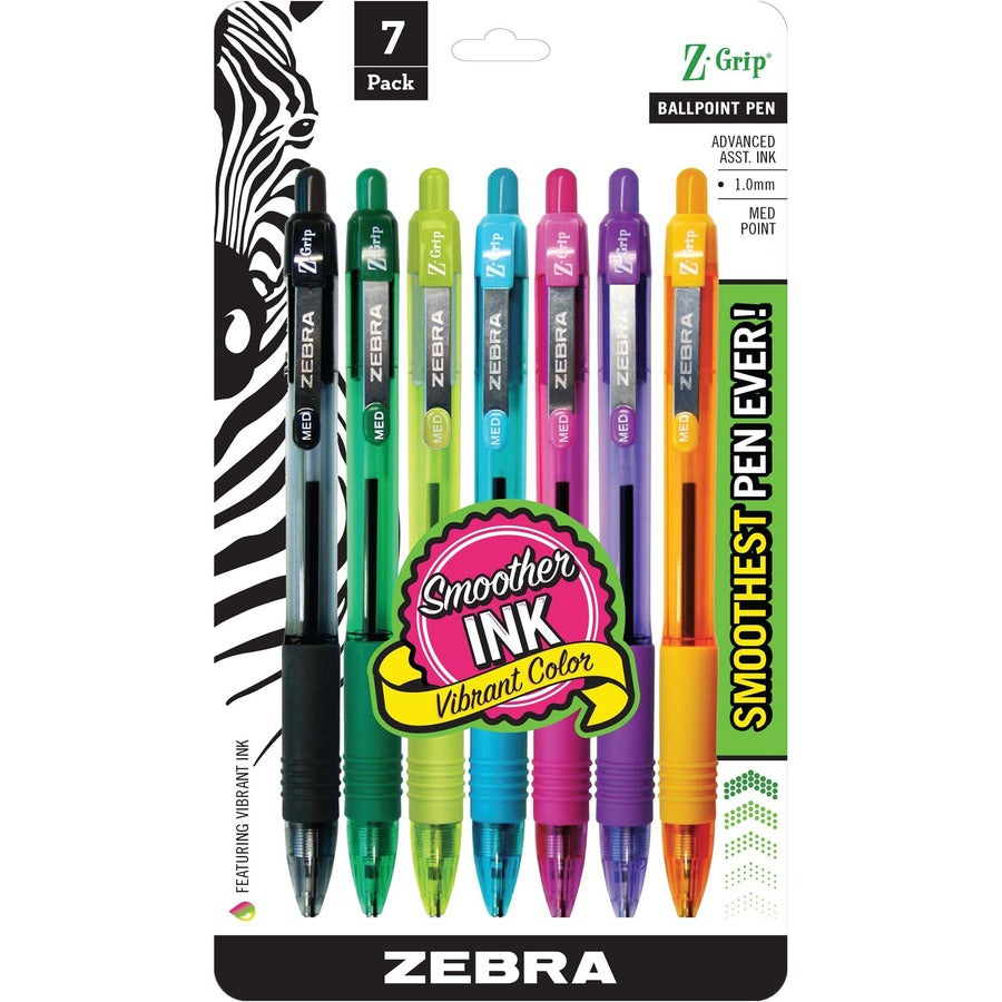 Zebra Z-Grip Retractable Ballpoint Pens - Retractable - Assorted Ink - Assorted Barrel - 7 / Pack