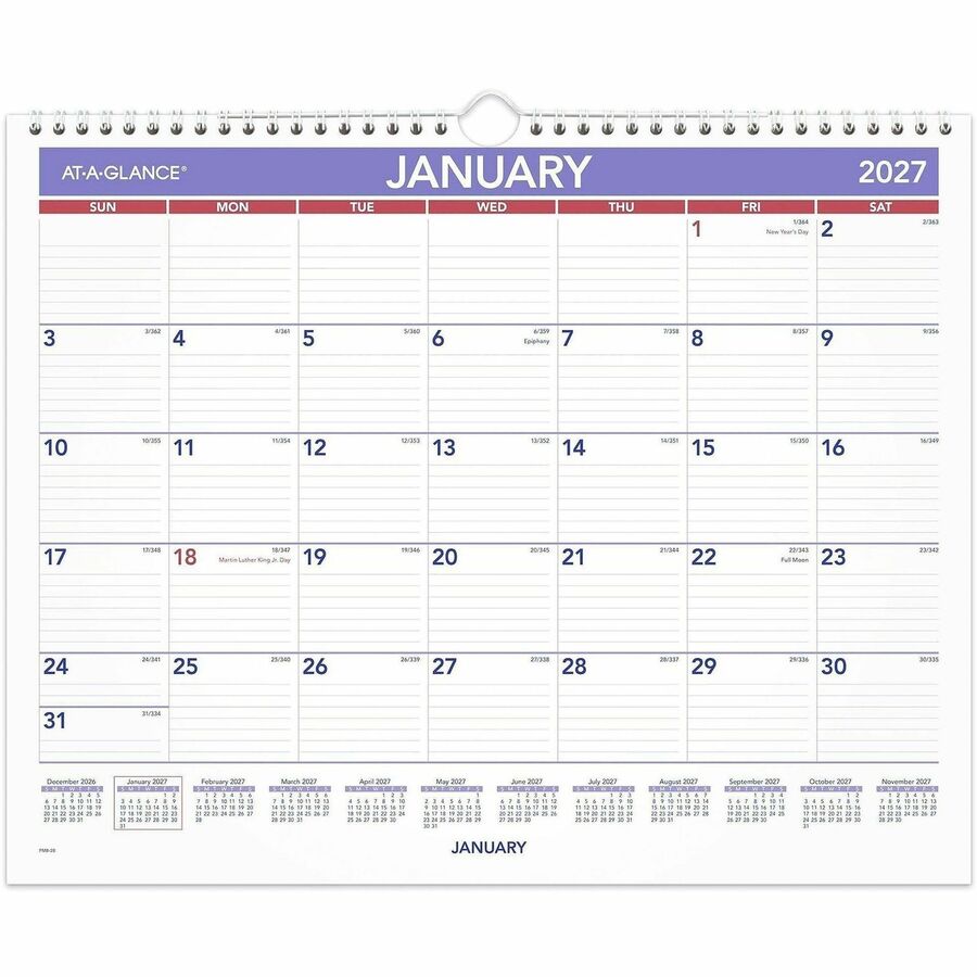 At-A-Glance Wall Calendar - Medium - Julian Dates - Monthly - 12 Month - January 2027 to December 2027 - 1 Week Single Page Layout - 15" x 12" Sheet Size - White Sheet - 2" x 1.75" Block - Wire Bound - Paper, Chipboard - 1 Each