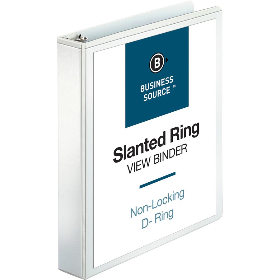 Business Source Basic D-Ring View Binder - 1 1/2" Binder Capacity - Letter - 8 1/2" x 11" Sheet Size - 375 Sheet Capacity - 3 Ring - Fastener: D-Ring - Pocket: Internal - Polypropylene, Chipboard - White - 1.12 lb - Clear Overlay, Spine Label, Non-glar...