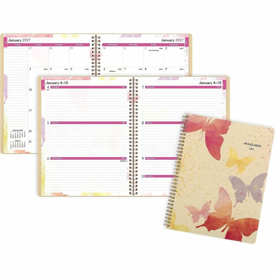 At-A-Glance Watercolors Recycled Planner - Julian Dates - Weekly, Monthly - 12 Month - January 2027 to December 2027 - 1 Week, 1 Month Double Page Layout - 8 1/2" x 11" Sheet Size - Beige Sheet - Wire Bound - 11" Height - 1 Each