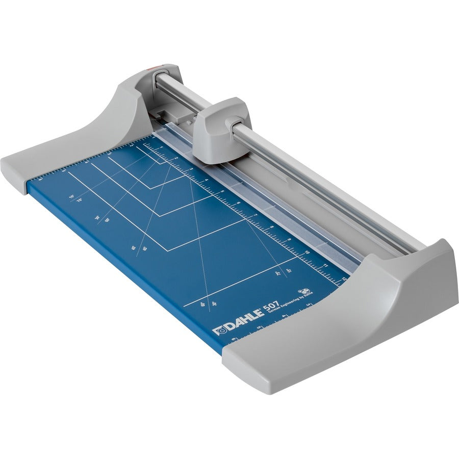 Dahle 507 Personal Rotary Trimmer - 7 Sheet Cutting Capacity - 12" Cutting Length - 2.9" Height x 8.1" Width x 17.3" Length - Automatic Clamp, Self-sharpening Blade, Lightweight, Portable, Metal Base, Durable, Ground Blade, Screened Guide, Non-slip Rub...
