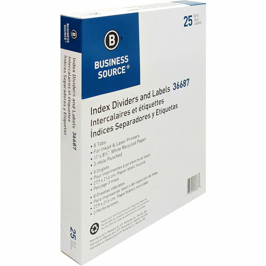 Business Source Punched Laser Index Dividers - 8 Blank Tab(s) - 8 Tab(s)/Set - 8.5" Divider Width x 11" Divider Length - Letter - 3 Hole Punched - White Paper Divider - White Tab(s) - 100% Recycled - Mylar Reinforcement, Reinforced, Punched - 1 Box