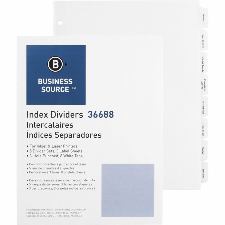 Business Source Punched Tabbed Laser Index Dividers - 8 Blank Tab(s) - 8 Tab(s)/Set - 8.5" Divider Width x 11" Divider Length - Letter - 3 Hole Punched - White Paper Divider - White Tab(s) - 100% Recycled - Mylar Reinforcement, Reinforced, Punched - 1...