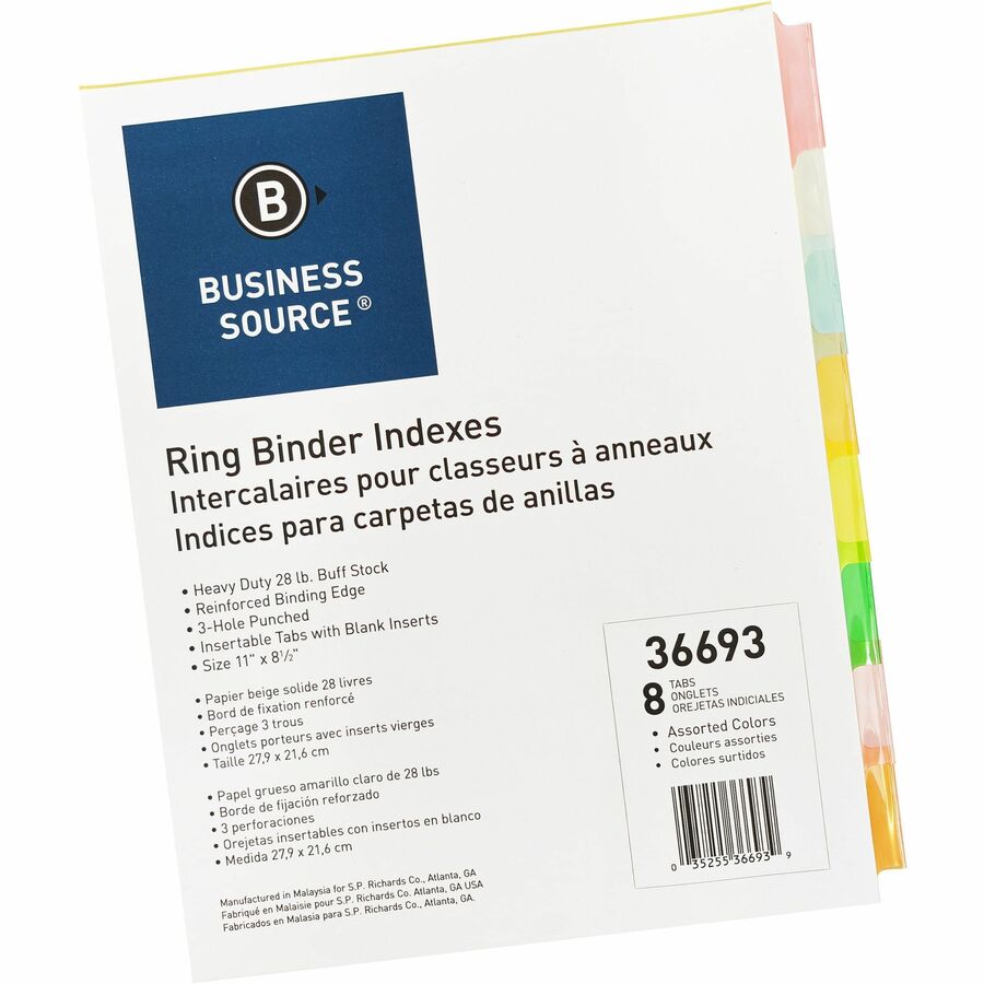 Business Source Insertable Tab Ring Binder Indexes - 8 Blank Tab(s) - 1.50" Tab Width - 8.5" Divider Width x 11" Divider Length - Letter - 3 Hole Punched - Multicolor Tab(s) - Tear Resistant, Punched, Insertable, Reinforced Edges - 1 Set