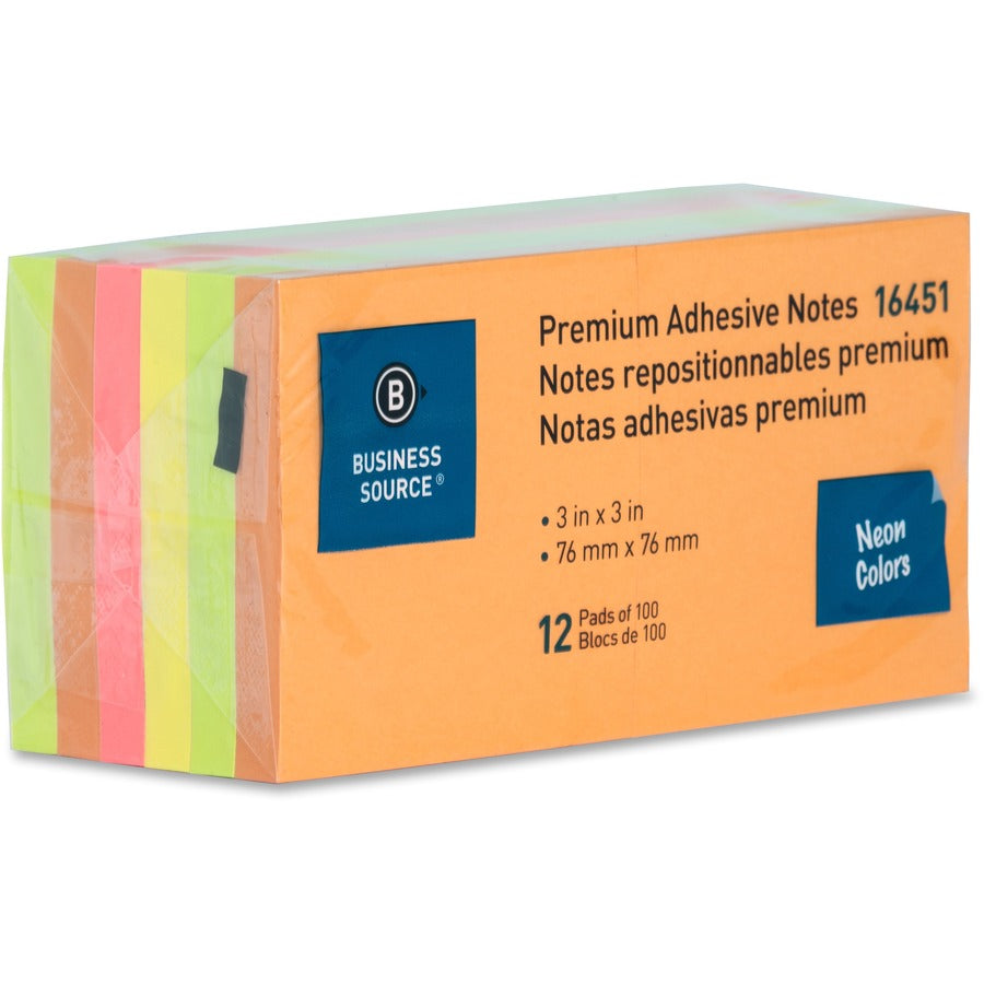 Business Source Repositionable Neon Notes - 3" Flag/Note Width x 3" Flag/Note Length - Square - Neon - Removable, Repositionable, Solvent-free Adhesive - 1 Pack