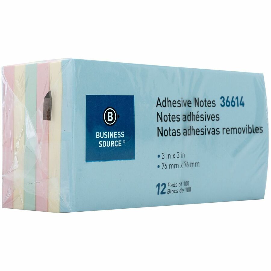 Business Source 3" Plain Pastel Colors Adhesive Notes - 100 - 3" Flag/Note Width x 3" Flag/Note Length - Square - Assorted - Repositionable, Solvent-free Adhesive - 12 / Pack