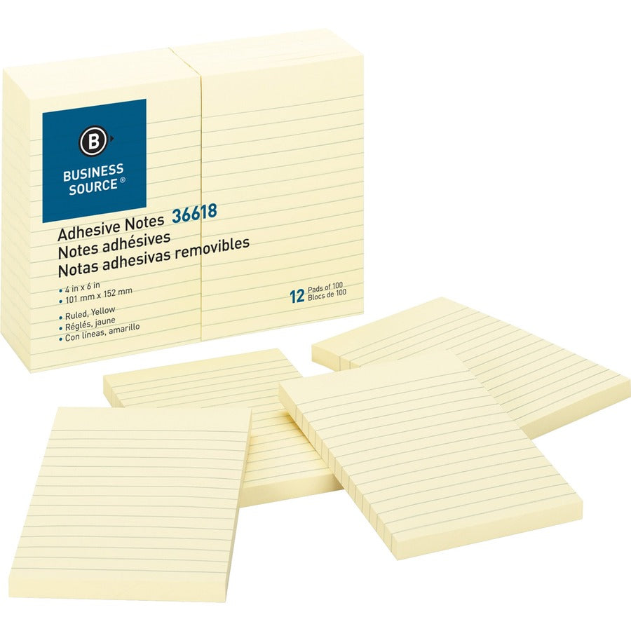 Business Source Ruled Adhesive Notes - 4" Flag/Note Width x 6" Flag/Note Length - Rectangle - Ruled - Yellow - Solvent-free Adhesive, Self-adhesive - 12 / Pack
