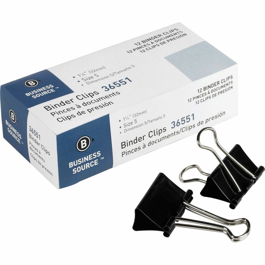 Business Source Fold-back Binder Clips - Medium - 1.3" Length x 1.3" Width - 0.63" Size Capacity - Black - Steel - 12 / Dozen