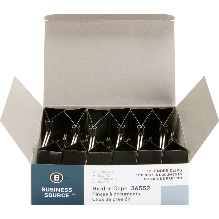 Business Source Fold-back Binder Clips - Large - 2" Length x 2" Width - 1" Size Capacity - Black - Steel - 1 Dozen
