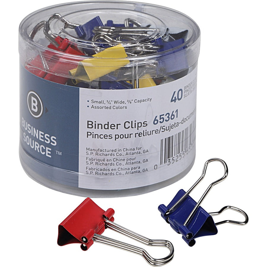 Business Source Colored Fold-back Binder Clips - Small - 0.7" Width - 0.37" Size Capacity - Assorted - Steel - 36 / Pack
