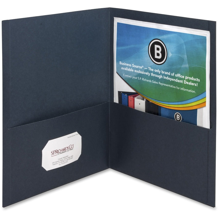 Business Source Letter Recycled Pocket Folder - 8 1/2" x 11" - 100 Sheets Capacity - 2 Inside Front & Back Pocket - Paper - Dark Blue - Card Holder - 35% Recycled - 25 / Box