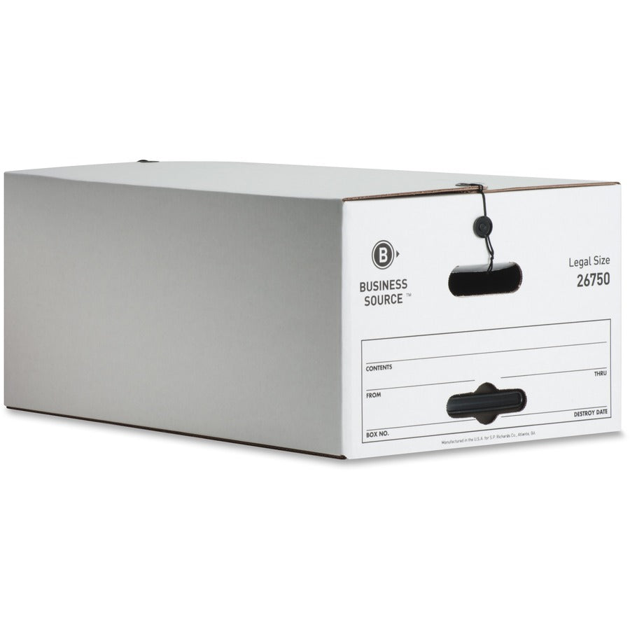 Business Source Light Duty Legal Size Storage Box - External Dimensions: 15" Width x 24" Depth x 10" Height - Media Size Supported: Legal - String/Button Tie Closure - Light Duty - Stackable - White - For File - Recycled - 12 / Carton