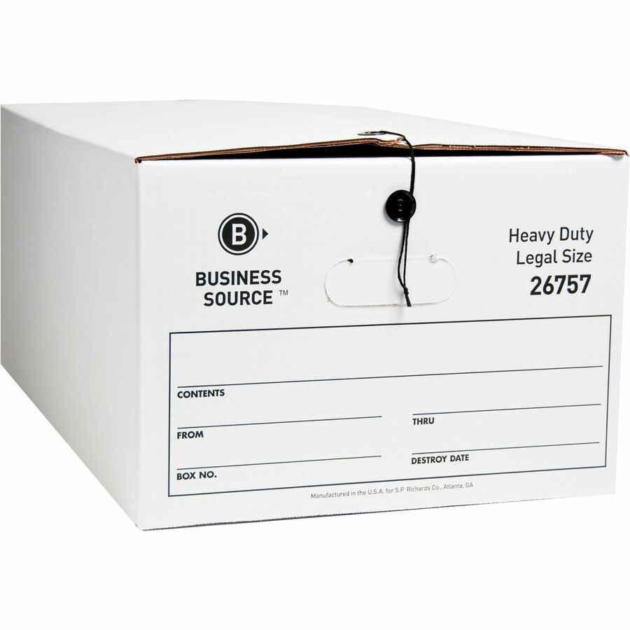 Business Source Heavy Duty Legal Size Storage Box - External Dimensions: 15" Width x 24" Depth x 10" Height - Media Size Supported: Legal - String/Button Tie Closure - Medium Duty - Stackable - White - For File - Recycled - 12 / Carton