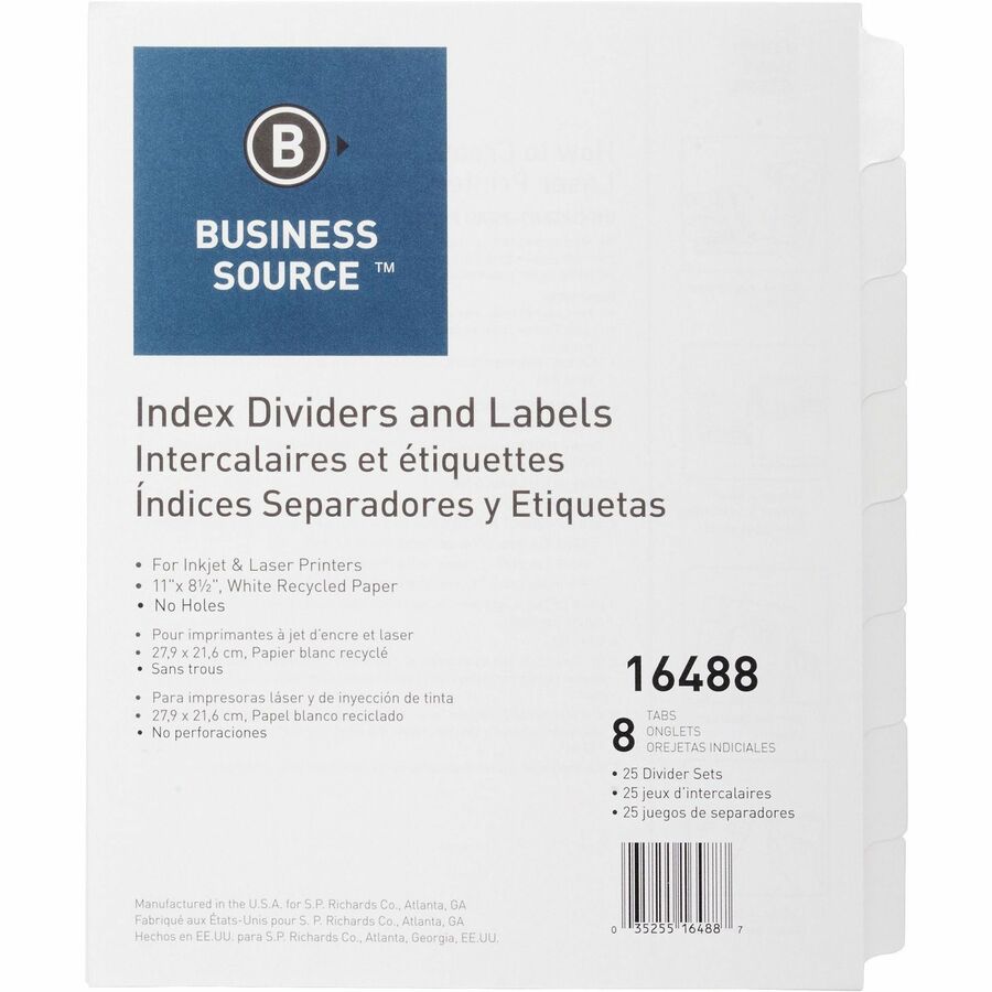 Business Source Unpunched Index Dividers Set - 8 Blank Tab(s) - 8 Tab(s)/Set - 8.5" Divider Width x 11" Divider Length - Letter - White Tab(s) - 100% Recycled - Unpunched - 1 Box
