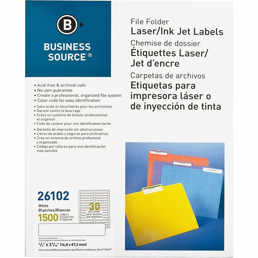 Business Source Laser/Inkjet File Folder Labels - 21/32" Width x 3 7/16" Length - Permanent Adhesive - Rectangle - Laser, Inkjet - White - Paper - 30 / Sheet - 1500 / Pack